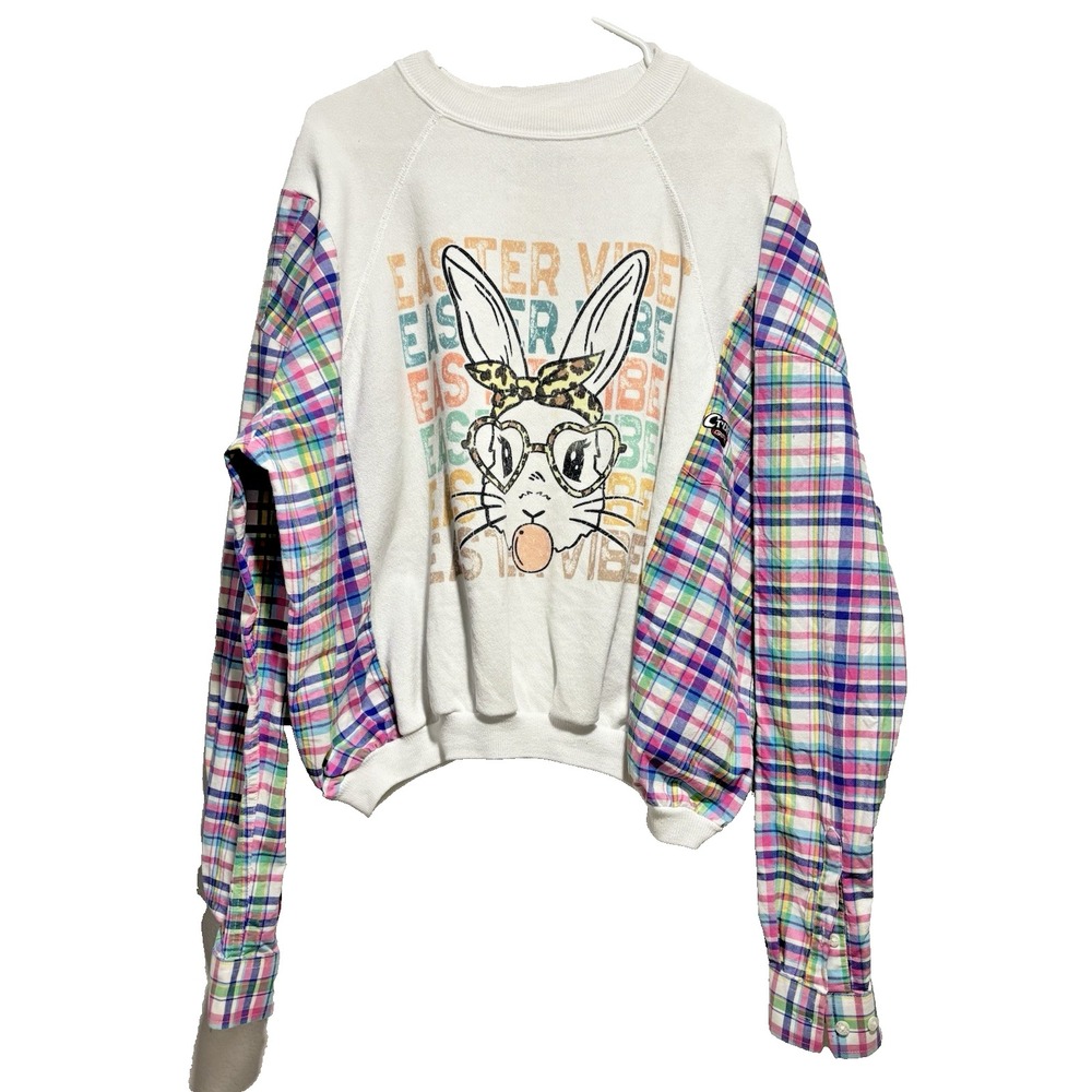 Upcycled Plaid Sweater Easter Pullover Pastel Bun… - image 1